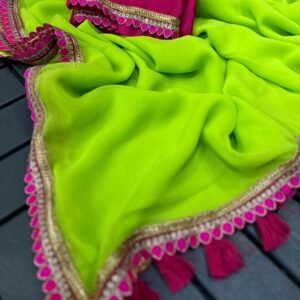 Parrot Green Soft Georgette Saree With Sabyasanchi Lace