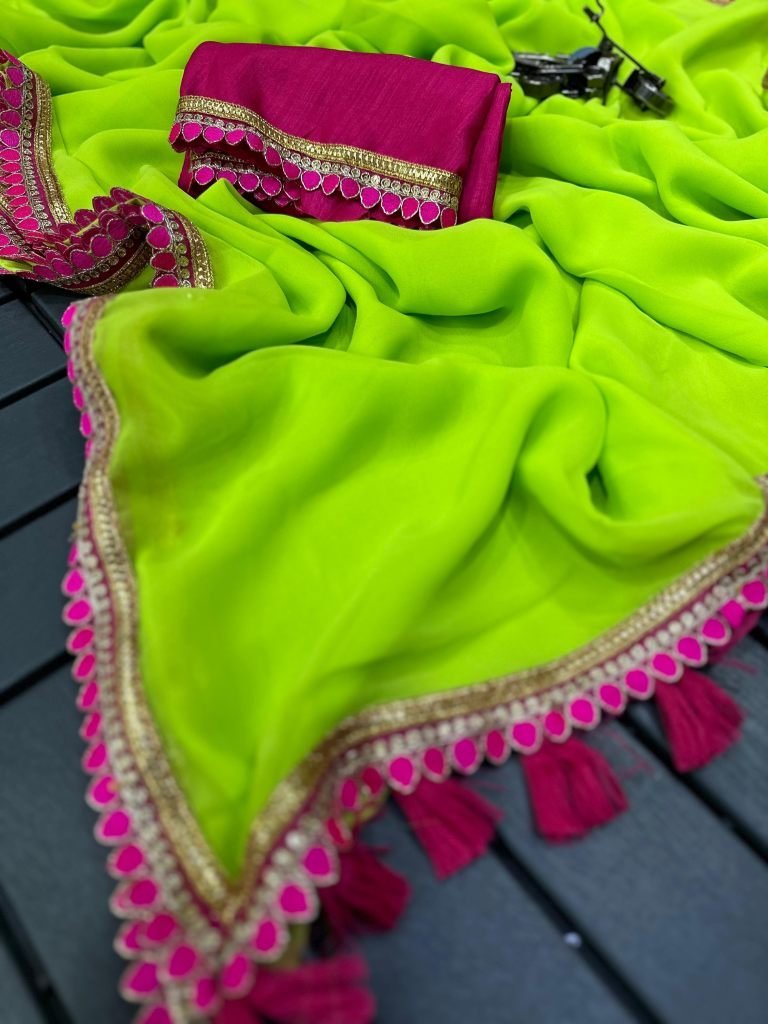 parrot green soft georgette sa 1727785449 Parrot Green Soft Georgette Saree With Sabyasanchi Lace