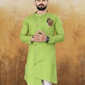 Parrot Green Stylish Embroidery Work Cotton Slub Men Kurta