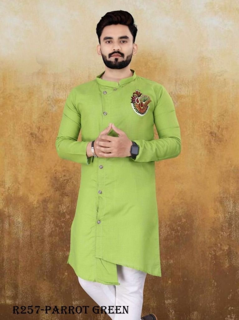 parrot green stylish embroider 1725024367 Parrot Green Stylish Embroidery Work Cotton Slub Men Kurta