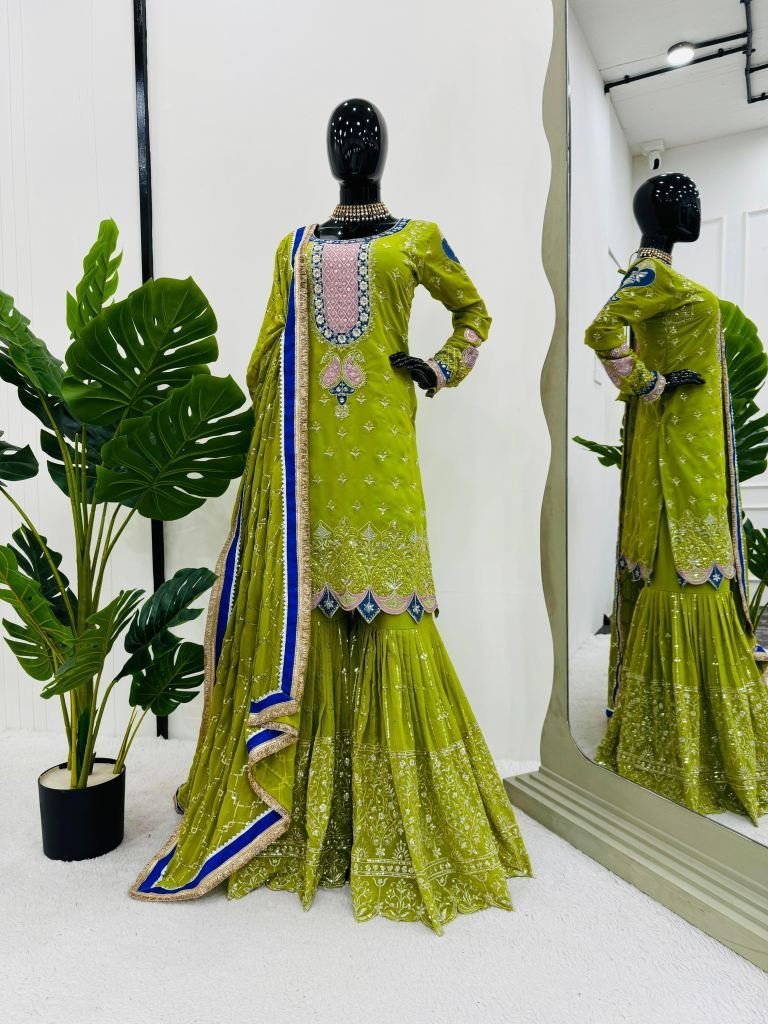 parrot wedding wear designer f 1733488134 Parrot Wedding Wear Designer Faux Georgette Sharara Suits