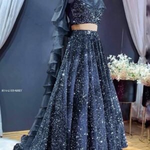 Party Special Velvet Sequence Grey Lehenga Choli With Ruffle Dupatta