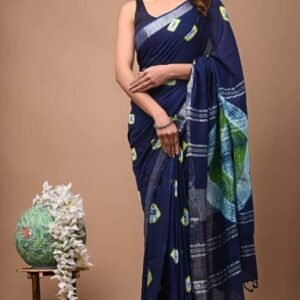 Indian Wear Linen Blue Saree With Sibori Print Pattern