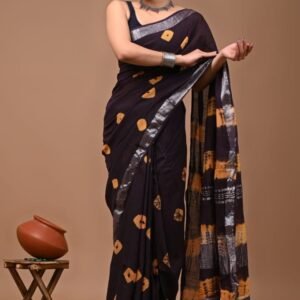 Sibori Print Linen Brown Saree With Blouse