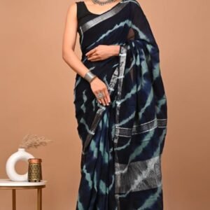 Saree Sensation Linen Dark Blue Saree With Sibori Print