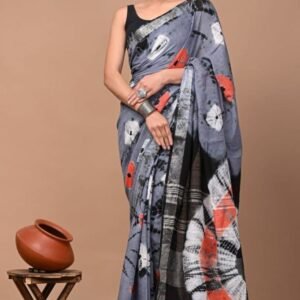 Sibori Pattern Print Linen Grey Saree