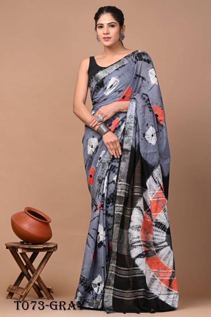 party ware linen gray saree wi 1718345430 Sibori Pattern Print Linen Grey Saree