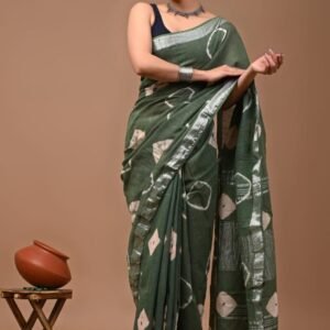 Fancy Linen Green Saree With Sibori Print Work