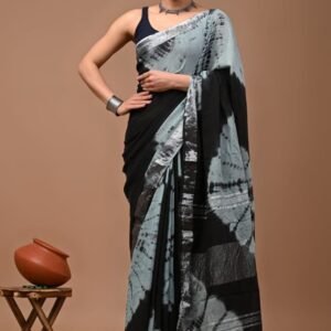 Fashion point Linen Green With Sky Blue Saree With Sibori Print