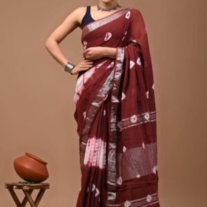 Traditional Soft Linen Maroon Saree With Sibori Print