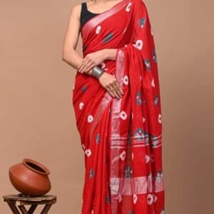 Linen Red Saree With Sibori Print Pattern For Women