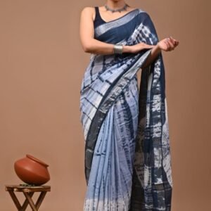 Designer Linen Sky Blue Saree With Sibori Print