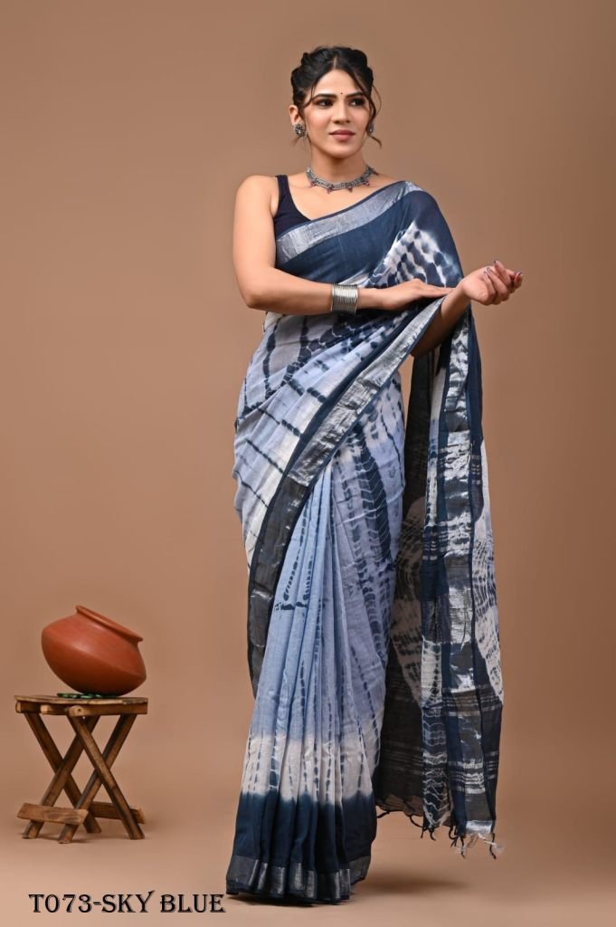 party ware linen sky blue sare 1718347274 Designer Linen Sky Blue Saree With Sibori Print