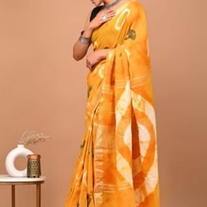 Party Ware Linen Yellow Saree With Sibori Print