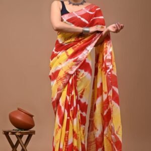 Fancy Linen Yellow With Red Saree With Sibori Print Work
