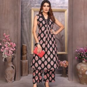 Party Wear A Line Delight Black Cotton Kurti With Palazzo Set