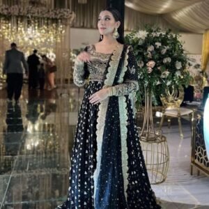 Party Wear Black Embroidered Georgette Gown With Pant And Designer Dupatta