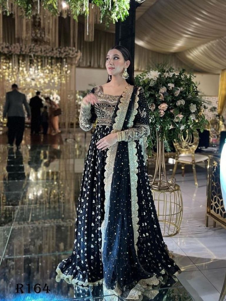 party wear black embroidered g 1721132729 Party Wear Black Embroidered Georgette Gown With Pant And Designer Dupatta