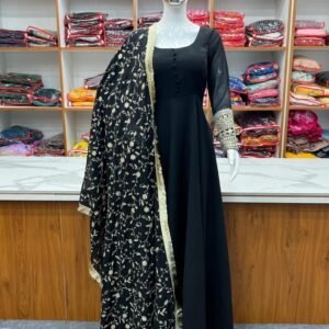 Party Wear Black Gown With Embroidery Work Dupatta