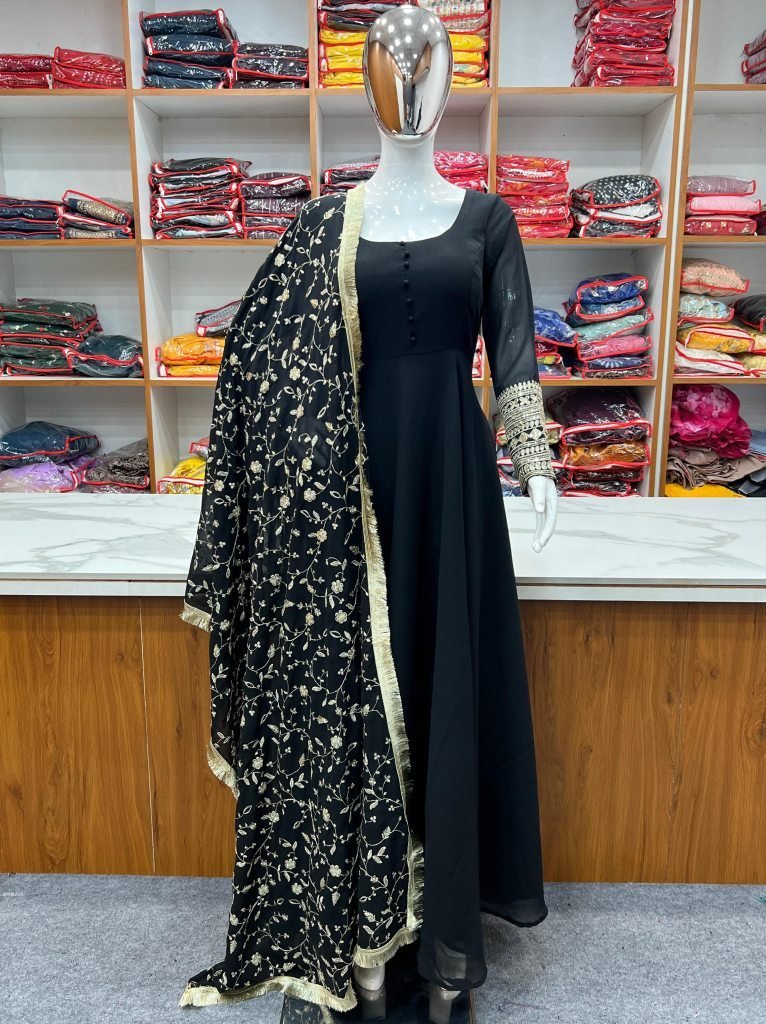 party wear black gown with emb 1743243458 Party Wear Black Gown With Embroidery Work Dupatta