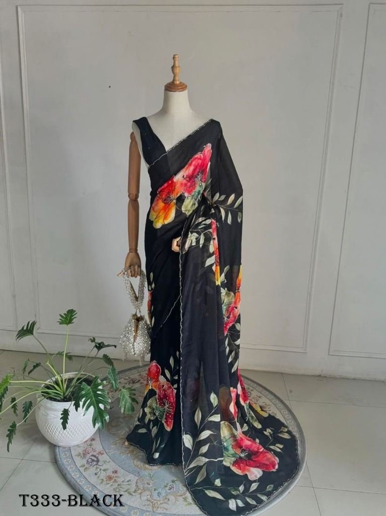 party wear black hand work org 1724136312 Party Wear Black Print Work Organza Saree With Blouse