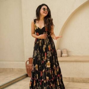 Party Wear Black Muslin Flower Print Dress