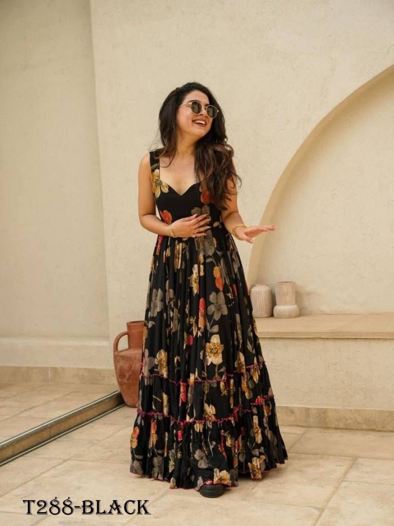 party wear black muslin flower 1722663876 Party Wear Black Muslin Flower Print Dress