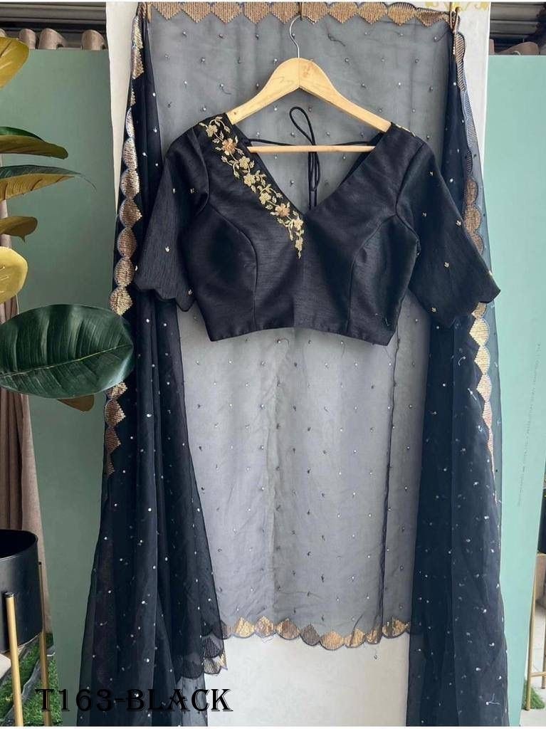 party wear black organza silk 1720074334 Party Wear Black Organza Silk Saree With Embroidery Work