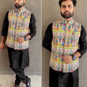 Party Wear Black Plain Silk Men Kurta Set With Koti