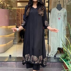 Party Wear Black Pure Muslin Stitched Two Piece Kurtis