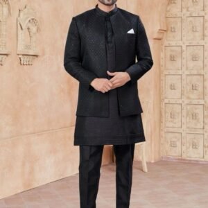 Party Wear Black Pure Silk Embroidery And Sequence Work Indo Western With Jacket