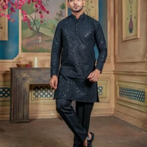 Party Wear Black Sequince Men Kurta Payjama Set
