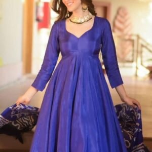 Party Wear Blue Chinon Silk Anarkali Style Suit