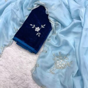 Party Wear Blue Handwork Soft Organza Saree