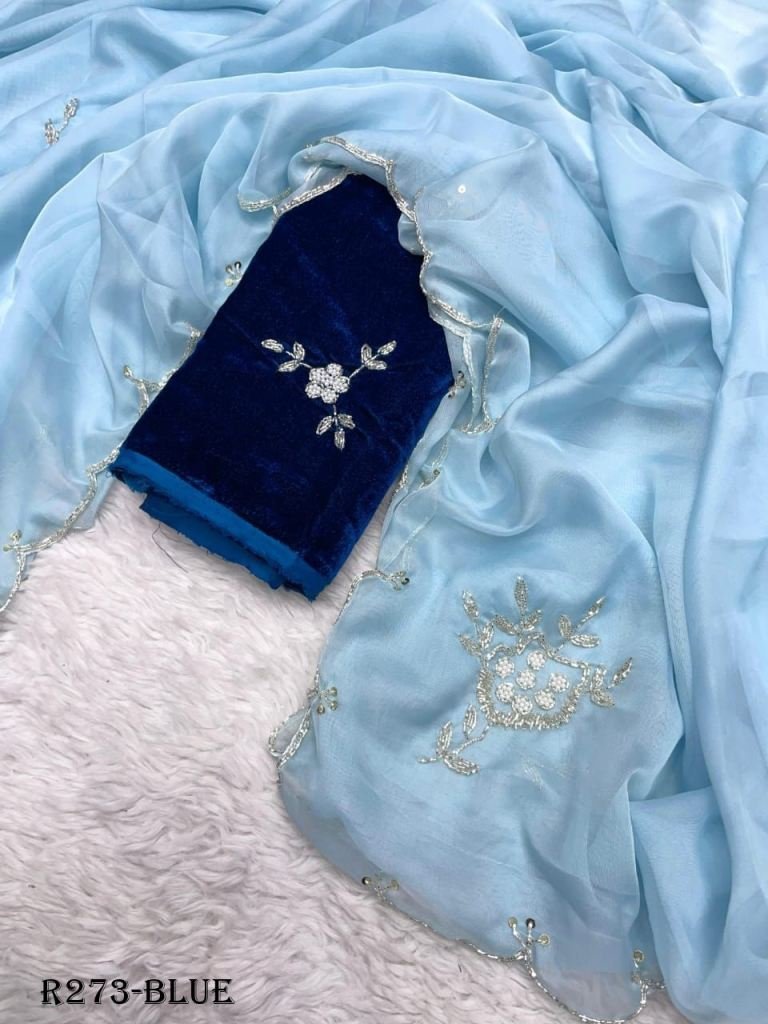 party wear blue handwork soft 1725369185 Party Wear Blue Handwork Soft Organza Saree
