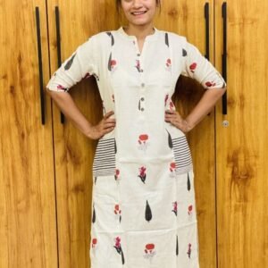 Party Wear Cotton White Embroidery Printed Kurti