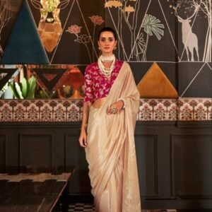 Party Wear Cream Pure Viscose Hand loom Weaving Saree