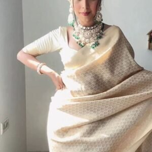 Party Wear Cream Ready To Wear Soft Lichi Silk Saree