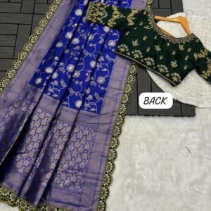 Party Wear Embroidery Work Blue Saree With Golden Border