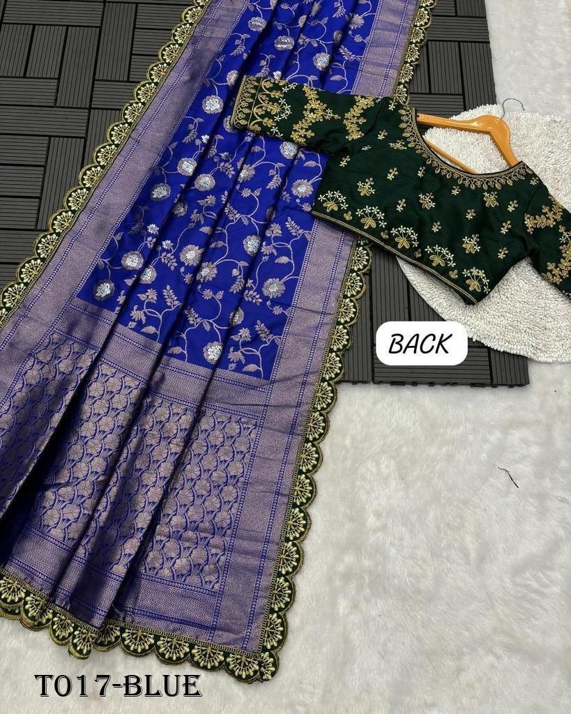 party wear embroidery work blu 1717843412 Party Wear Embroidery Work Blue Saree With Golden Border