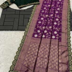 Party Wear Embroidery Work Purple Saree With Golden Border