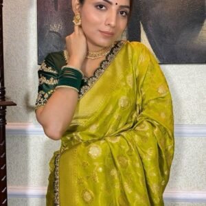 Party wear Embroidery Work Green Saree With Golden Border