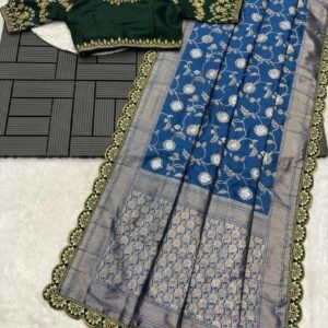 Party Wear Embroidery Work Sky Blue Saree With Golden Border