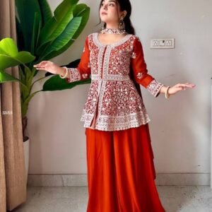 Party Wear Georgette Kurti Palazzo And Embroidered Dupatta