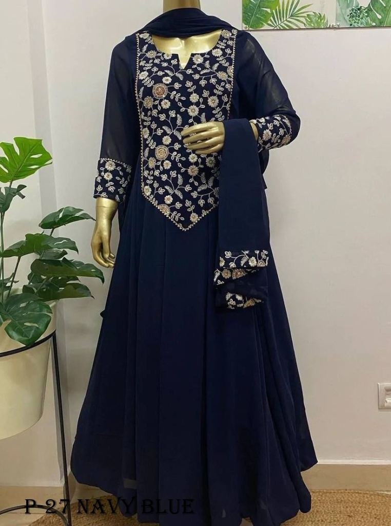 party wear georgette navy blue 1718348845 Party Wear Georgette Navy Blue Kurti With Dupatta