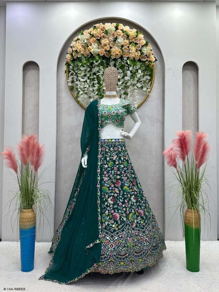 party wear gorgette green lehe 1726144400 Party Wear Gorgette Green Lehenga Choli With Sequnce Work