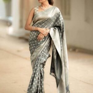 Party Wear Gray Banarasi Soft Silk Saree with Brocade Blouse