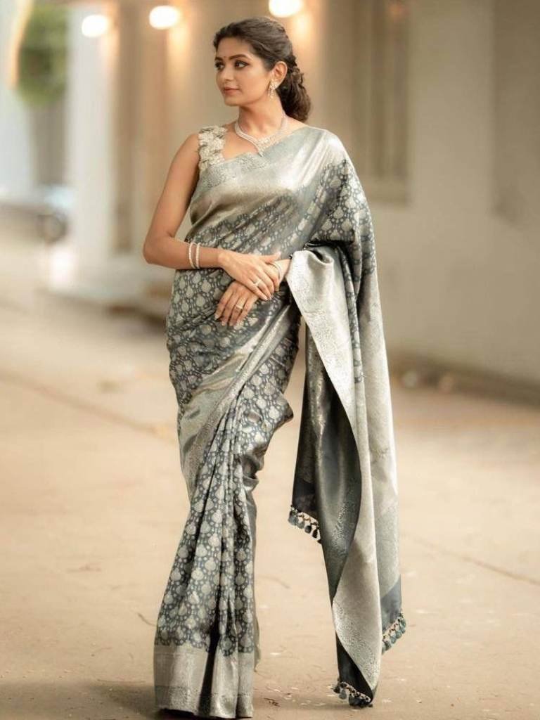 party wear gray banarasi soft 1711799618 Party Wear Gray Banarasi Soft Silk Saree with Brocade Blouse