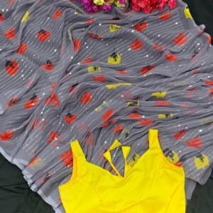 Party Wear Grey Digital Printed Sequence Georgette Saree With Yellow Blouse