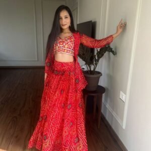 Party Wear Heavy Embroidery Work Pure Bandhej Lehenga Choli With Jacket